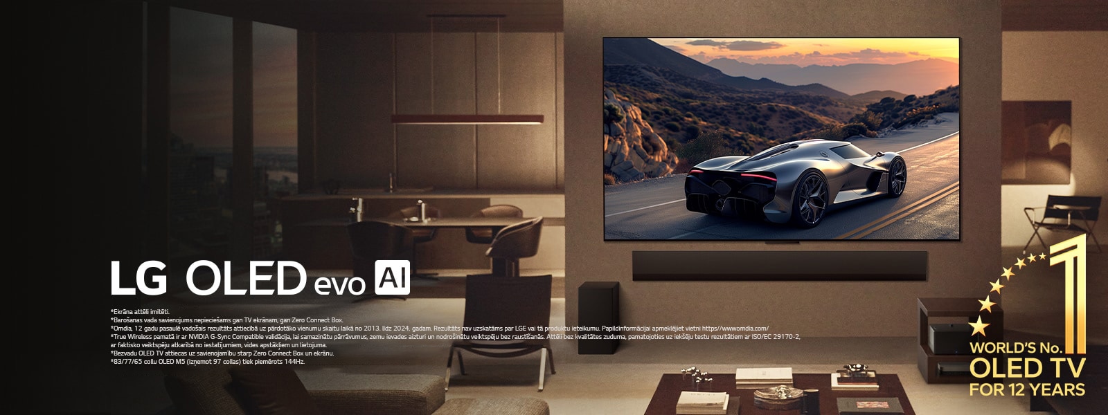 Eleganta viesistaba ar LG OLED evo M5 TV, kas piestiprināts pie sienas. Zem tā LG Soundbar. Zero Connect Box skaisti novietota zem sānu galdiņa. Nav redzami vadi, tiek demonstrēta TV True Wireless tehnoloģija. Redzama emblēma “Pasaulē numur viens OLED TV jau 12 gadus” un LG OLED evo AI logotips. 