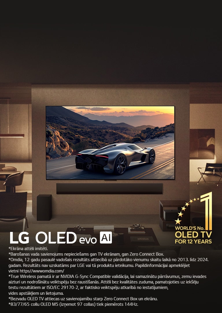 Eleganta viesistaba ar LG OLED evo M5 TV, kas piestiprināts pie sienas. Zem tā LG Soundbar. Zero Connect Box skaisti novietota zem sānu galdiņa. Nav redzami vadi, tiek demonstrēta TV True Wireless tehnoloģija. Redzama emblēma “Pasaulē numur viens OLED TV jau 12 gadus” un LG OLED evo AI logotips. 