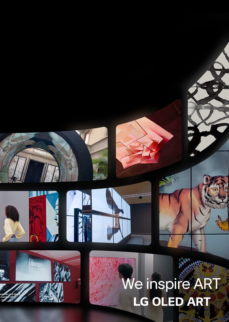 LG TV, uz kuriem attēloti dažādi mākslas darbi ar logotipu “Mēs iedvesmojam MĀKSLU” (We inspire ART) un “LG OLED ART”.