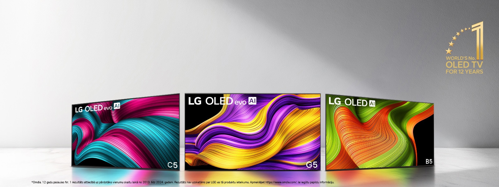 Trīs LG OLED evo AI TV klāsts – C5, G5 un B5 TV. Attēla stūrī parādīta “World’s number one OLED TV for 12 years” emblēma. 