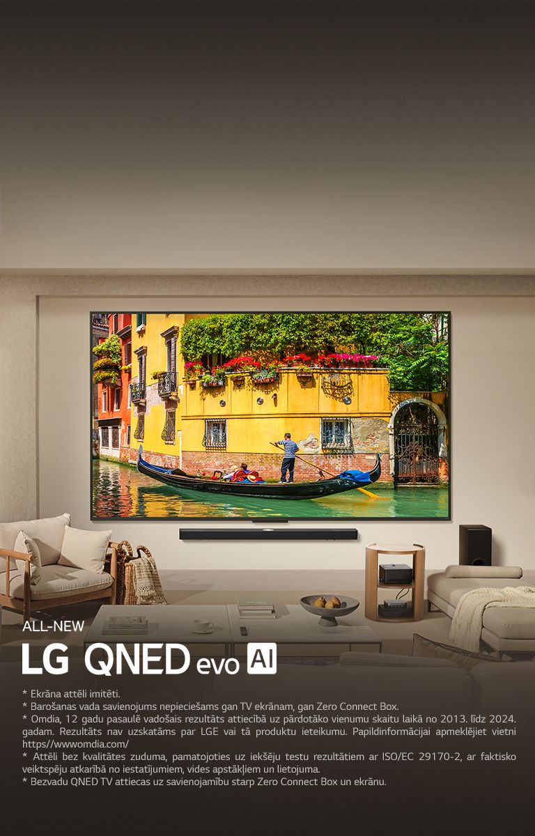 LG QNED9M TV piestiprināts virs LG Soundbar modernā dzīvojamā istabā. Zero Connect Box atrodas kafijas galdiņā.