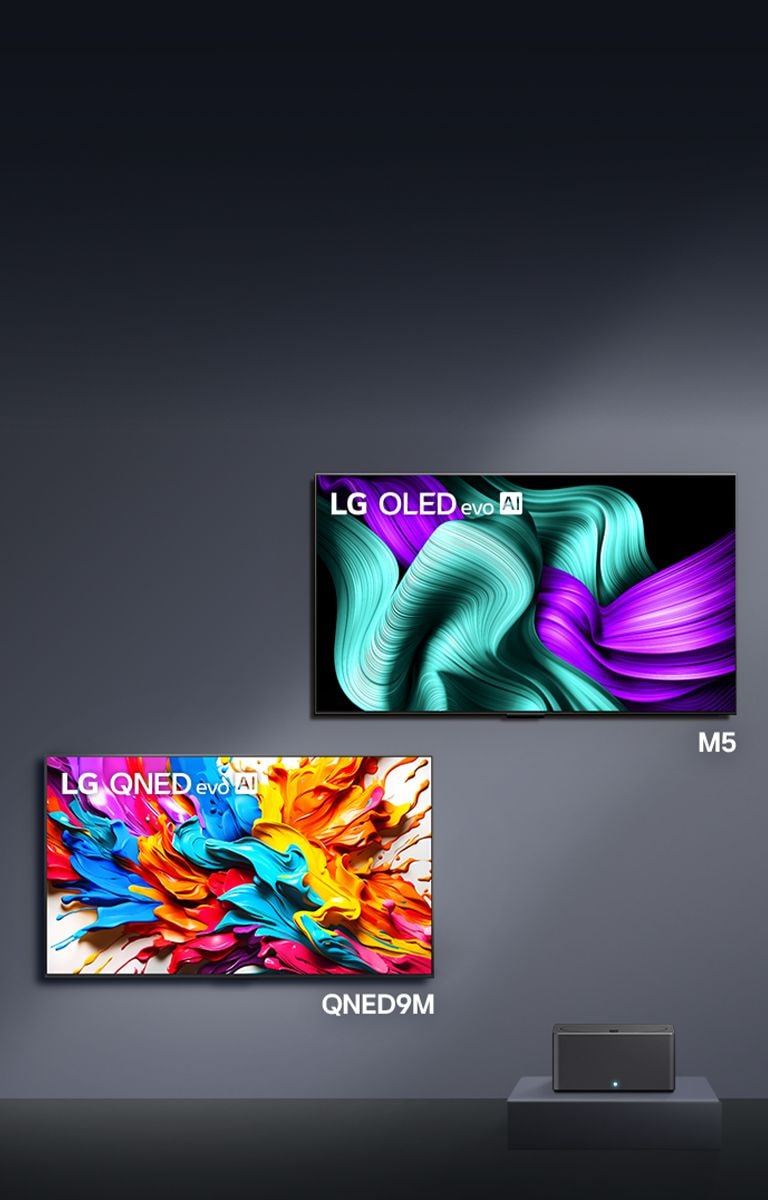LG True Wireless TV. LG Signature OLED T atrodas tā moduļu plauktā. LG OLED M5 un LG QNED9M ir piestiprināti pie sienas. Uz katra ekrāna ir mākslas darbs, kas demonstrē tā iespaidīgo vizuālo sniegumu. Uz pjedestāla atrodas Zero Connect Box.
