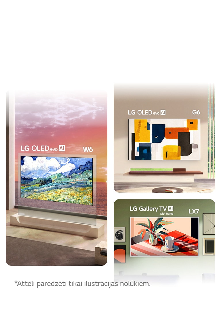 LG OLED evo AI W6 Wallpaper TV, G6 un LG Gallery TV AI ar rāmi LX7 ART TV prezentēti kā LG ART TV kolekcija, katram izceļot Wallpaper Design, Flush-fit Gallery Design un Gallery Design ar Attachable Frame funkcionalitāti un pārvēršot TV ekrānus par galerijas cienīgām mākslas ekspozīcijām.