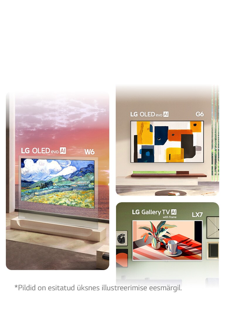 LG OLED evo AI W6 Wallpaper TV, G6 un LG Gallery TV AI ar rāmi LX7 ART TV prezentēti kā LG ART TV kolekcija, katram izceļot Wallpaper Design, Flush-fit Gallery Design un Gallery Design ar Attachable Frame funkcionalitāti un pārvēršot TV ekrānus par galerijas cienīgām mākslas ekspozīcijām.
