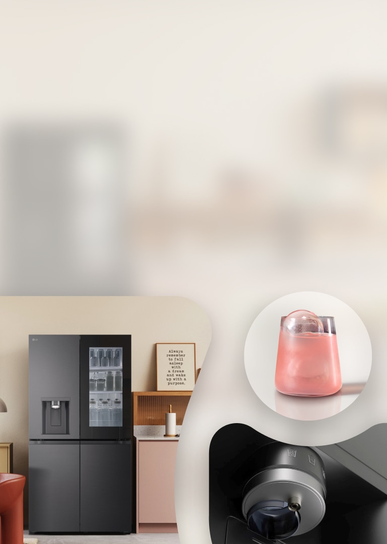 Tuvplānā glāze ar rozā dzērienu un apaļas formas ledu, LG ledusskapis virtuvē, kompaktā dizaina SpacePlus Ice System, UVnano ūdens dozators.