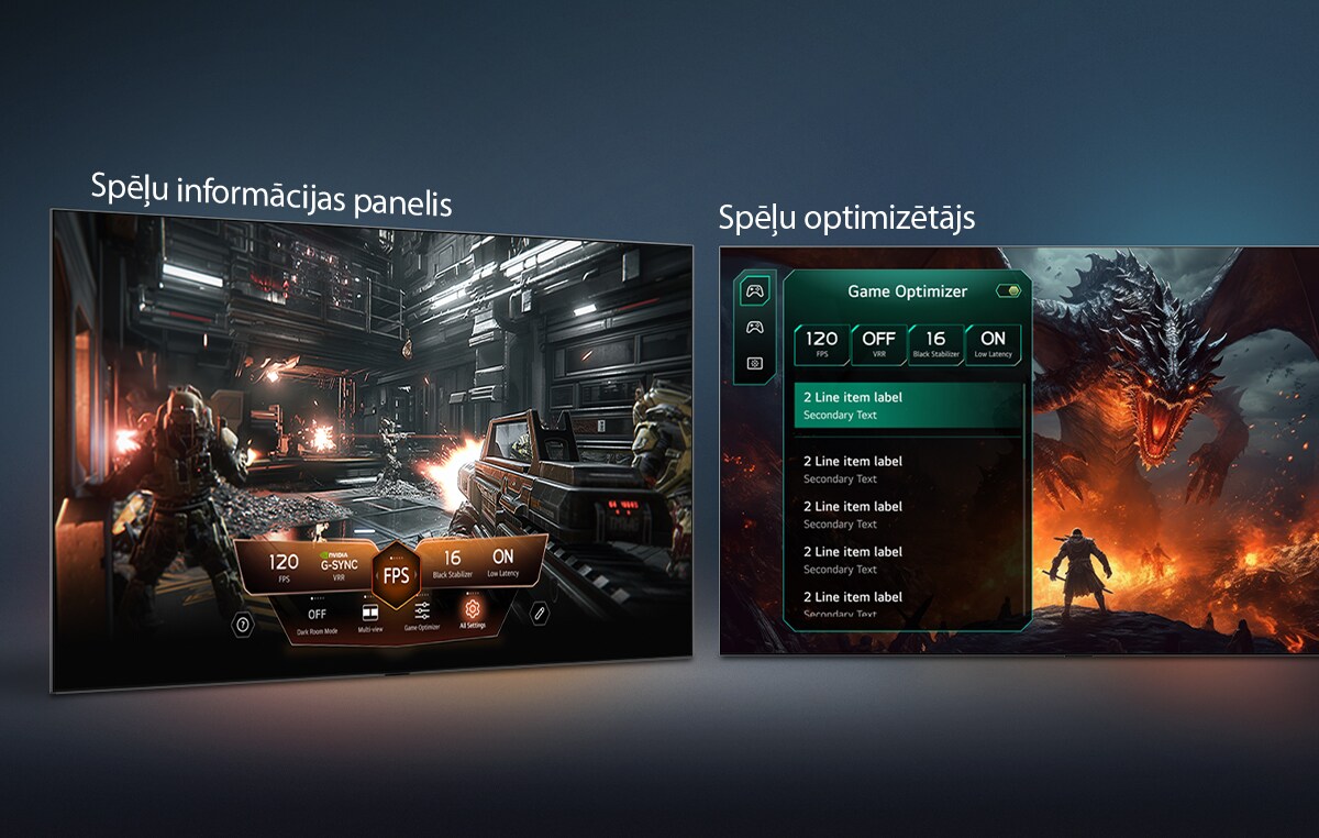 LG OLED evo AI C6 ar spēļu informācijas paneli un optimizētāju rāda blakus novietotus spēļu ekrānus un ekrāna izvēlni spēles iestatījumu, piemēram, atsvaidzes intensitātes, latentuma un vizuālo režīmu, pielāgošanai reāllaikā.