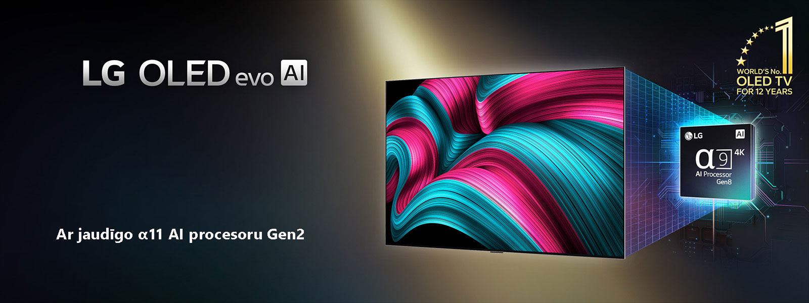 LG OLED evo AI TV ekrānā ir redzams abstrakts attēls ar iespaidīgām detaļām, krāsām un kontrastu. Aiz TV ir palielināta alpha 9 AI procesora Gen8 versija. Tas spīd ar gaismu, kas apgaismo mikroshēmas ķēdes ap to. Nosaukumā lasāms LG OLED evo AI. Redzams arī teksts, ko darbina LG alpha 9 AI Gen8 procesors. Stūrī ir zelta logotips ar zvaigznēm, kas vēsta, ka OLED TV ir pasaulē jau 12 gadus.