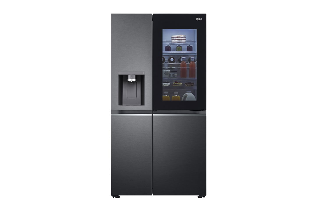 LG Side-by-Side InstaView Door-in-Door™ ledusskapis, 635 l, platums 91,3 cm, augstums 179 cm, Total No Frost, skats no priekšpuses uz apgaismoto pārtiku, GSXV90MCAE