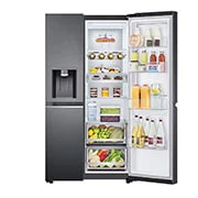 LG Side by side ledusskapis | 635L | augstums 1.79m | platums 91.3 cm | Melns |E klase| WiFi | DoorCooling | Total No Frost | GSJV91MCAE, skats no priekšpuses atvērtā veidā uz pārtiku, GSJV91MCAE, thumbnail 2
