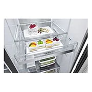 LG Side by side ledusskapis | 635L | augstums 1.79m | platums 91.3 cm | Melns |E klase| WiFi | DoorCooling | Total No Frost | GSJV91MCAE, skats no priekšpuses atvērtā veidā uz pārtiku, GSJV91MCAE, thumbnail 9