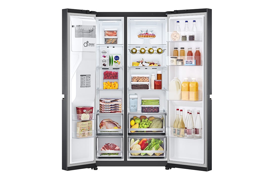 LG Side-by-Side ledusskapis | augstums 1.79m |  platums 91.3cm | 635L | Melns | E klase | DoorCooling+™ | FRESHBalancer™ , skats no priekšpuses atvērtā veidā uz pārtiku, GSLV71MCLE, thumbnail 2
