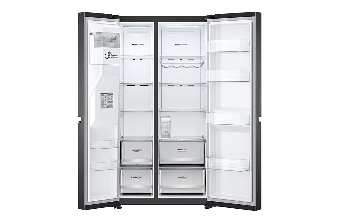 LG Side-by-Side ledusskapis | augstums 1.79m |  platums 91.3cm | 635L | Melns | E klase | DoorCooling+™ | FRESHBalancer™ , skats no priekšpuses atvērtā veidā, GSLV71MCLE, thumbnail 8