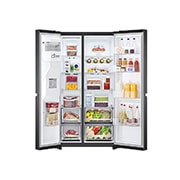 LG Side-by-Side ledusskapis | augstums 1.79m |  platums 91.3cm | 635L | Melns | E klase | DoorCooling+™ | FRESHBalancer™ , skats no priekšpuses atvērtā veidā uz pārtiku, GSLV71MCLE, thumbnail 2