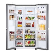 LG Side by side ledusskapis | 655L | augstums 1.79m | platums 91.3cm | Pelēks |F klase| WiFi | DoorCooling | Total No Frost | GSBV70PZTM, skats no priekšpuses atvērtā veidā uz pārtiku, GSBV70PZTM, thumbnail 2