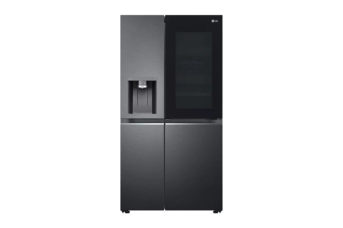 LG Side by side ledusskapis | 635L | augstums 1.79m | platums 91.3cm | Melns |E klase| WiFi | DoorCooling | Total No Frost | GSXV91MCAE, skats no priekšpuses atvērtā veidā uz pārtiku, GSXV91MCAE, thumbnail 2