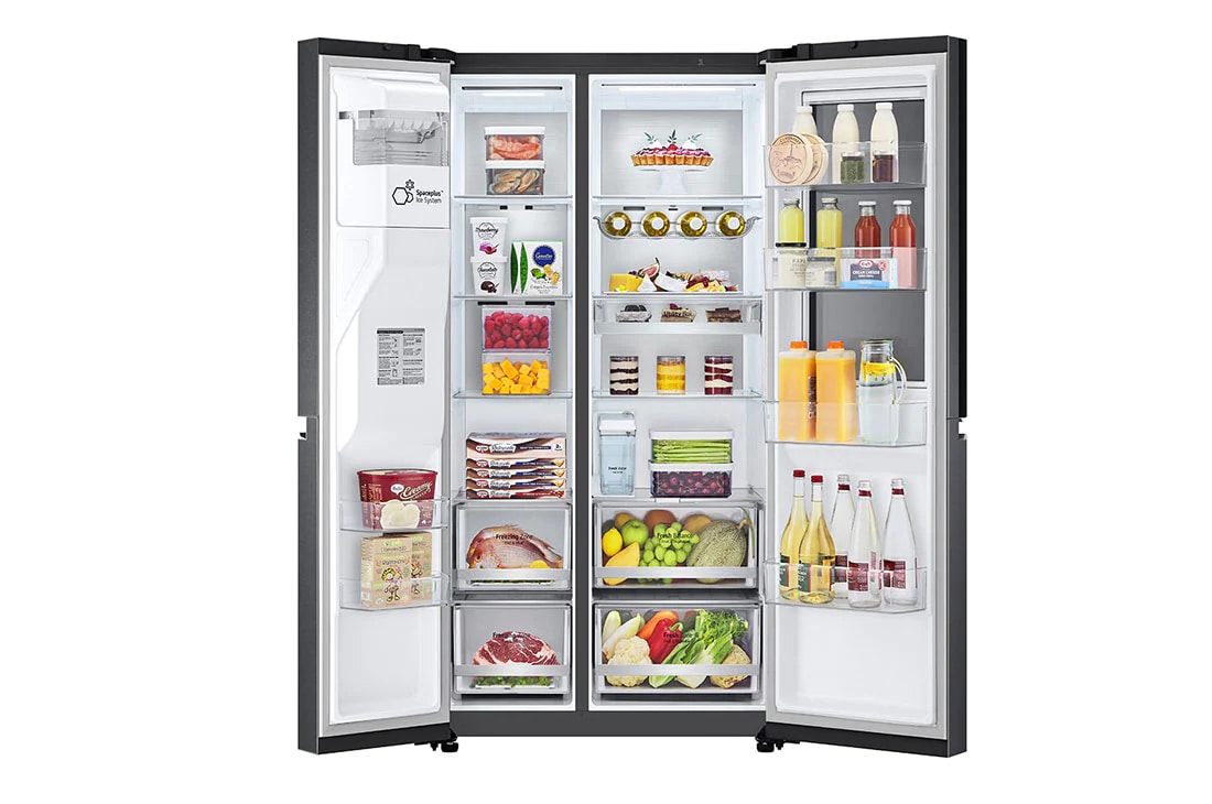 LG Side by side ledusskapis | 635L | augstums 1.79m | platums 91.3cm | Melns |E klase| WiFi | DoorCooling | Total No Frost | GSXV91MCAE, skats no priekšpuses atvērtā veidā uz pārtiku, GSXV91MCAE, thumbnail 12