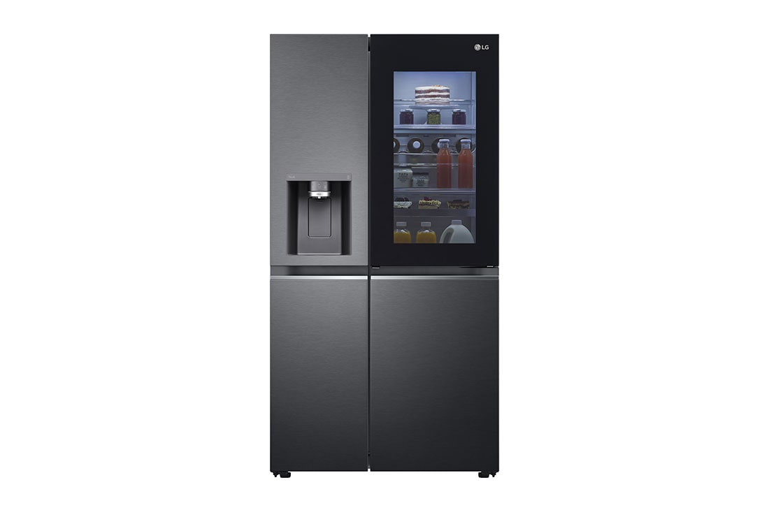 LG Side-by-Side InstaView Door-in-Door™ ledusskapis, 635 l, platums 91,3cm, augstums 179 cm, Total No Frost, skats no priekšpuses uz apgaismoto pārtiku, GSXV90MCDE