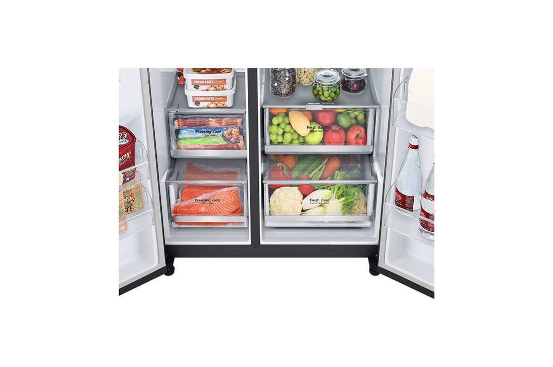 LG Side by side ledusskapis | 635L | augstums 1.79m | platums 91.3cm | Melns |E klase| WiFi | DoorCooling | Total No Frost | GSXV90MCDE, skats no priekšpuses atvērtā veidā, GSXV90MCDE, thumbnail 10