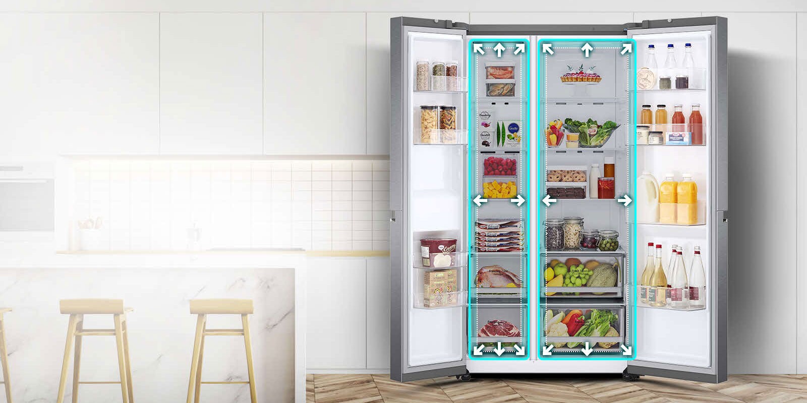 Video sākas ar ledusskapja priekšējo skatu, un abas durvis ir plaši atvērtas. Iekšējā telpa ir iezīmēta ar neona līnijām, bultiņas sāk izstumt līnijas, lai parādītu, ka iekšpusē tagad ir vairāk vietas. Neona līnija ap interjera telpu mirgo, lai parādītu atšķirību starp jauno telpu un veco mazāko telpu, kas tagad ir iezīmēta punktētā baltā līnijā.