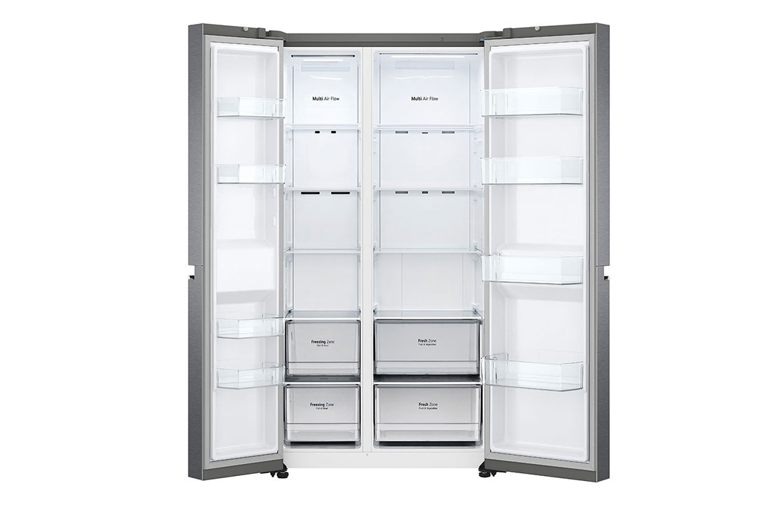 LG Side by side ledusskapis | 655L | augstums 1.79m | platums 91.3cm | Pelēks |F klase| WiFi | DoorCooling | Total No Frost | GSBV70DSTM, skats no priekšpuses atvērtā veidā, GSBV70DSTM, thumbnail 6