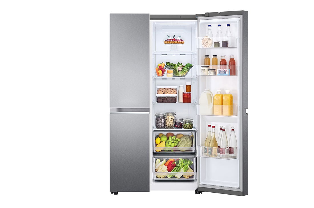 LG Side by side ledusskapis | 655L | augstums 1.79m | platums 91.3cm | Pelēks |F klase| WiFi | DoorCooling | Total No Frost | GSBV70DSTM, priekšējais labais skats uz pārtiku, GSBV70DSTM, thumbnail 7