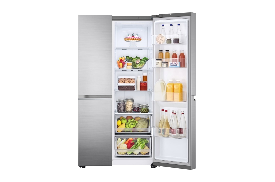 LG Side by side ledusskapis | 655L | augstums 1.79m | platums 91.3 cm | Pelēks |E klase| WiFi | DoorCooling | Total No Frost | GSBV70PZTE, priekšējais labais skats uz pārtiku, GSBV70PZTE, thumbnail 7