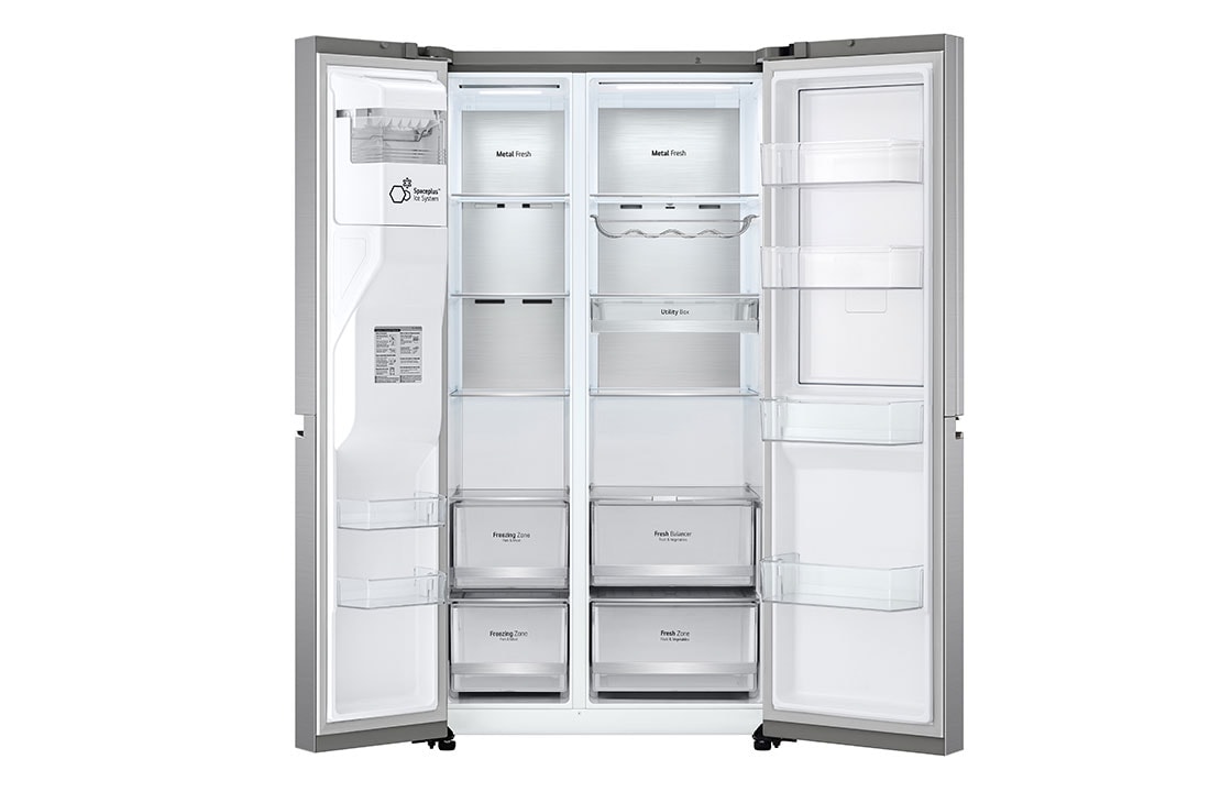 LG Side by side ledusskapis | 635L | augstums 1.79m | platums 91.3cm | Pelēks |E klase| WiFi | DoorCooling | Total No Frost | GSJV90PZAE,  skats no priekšpuses atvērtā veidā, GSJV90PZAE, thumbnail 11