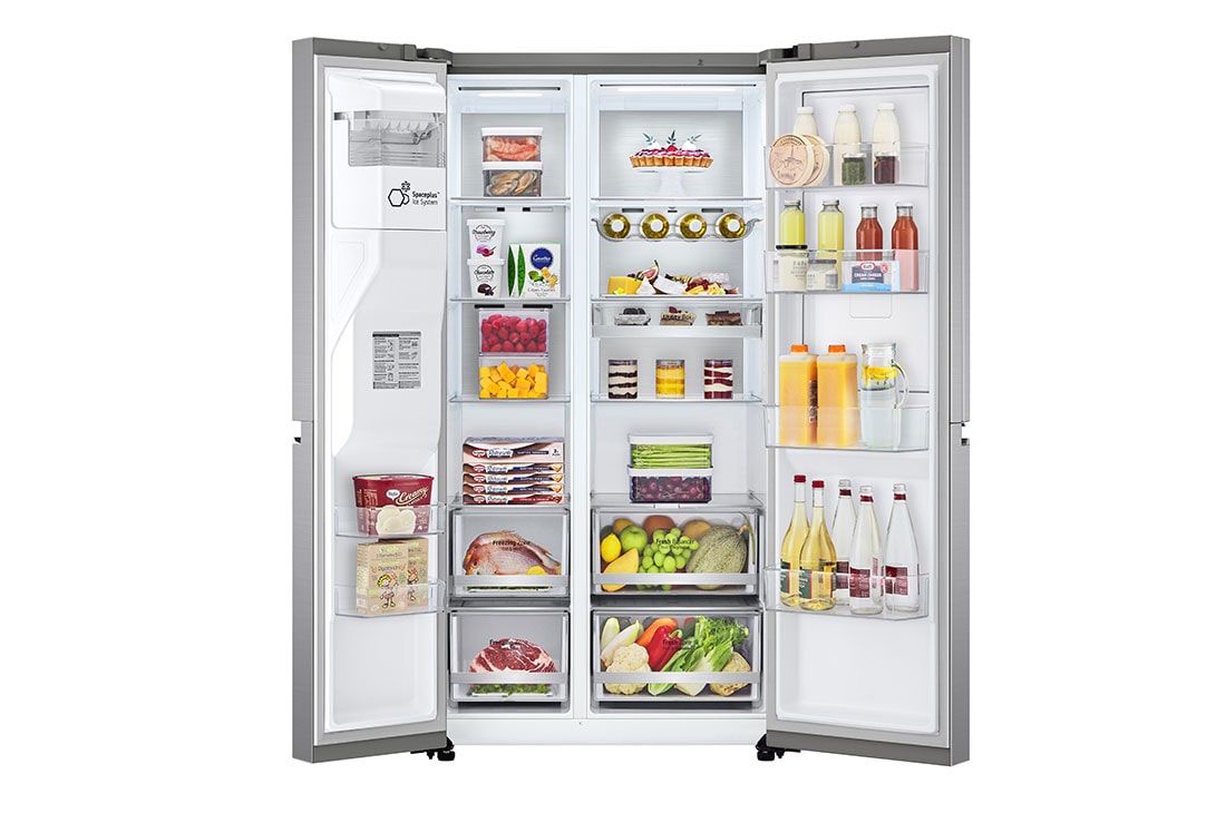 LG Side by side ledusskapis | 635L | augstums 1.79m | platums 91.3cm | Pelēks |E klase| WiFi | DoorCooling | Total No Frost | GSJV90PZAE,  skats no priekšpuses atvērtā veidāuz pārtiku, GSJV90PZAE, thumbnail 3
