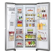 LG Side by side ledusskapis | 635L | augstums 1.79m | platums 91.3cm | Pelēks |E klase| WiFi | DoorCooling | Total No Frost | GSJV90PZAE,  skats no priekšpuses atvērtā veidāuz pārtiku, GSJV90PZAE, thumbnail 3