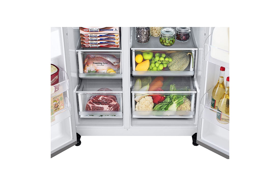 LG Side by side ledusskapis | 635L | augstums 1.79m | platums 91.3cm | Pelēks |F klase| WiFi | DoorCooling | Total No Frost | GSLV70PZTM, skats uz atvilktni, GSLV70PZTM, thumbnail 3