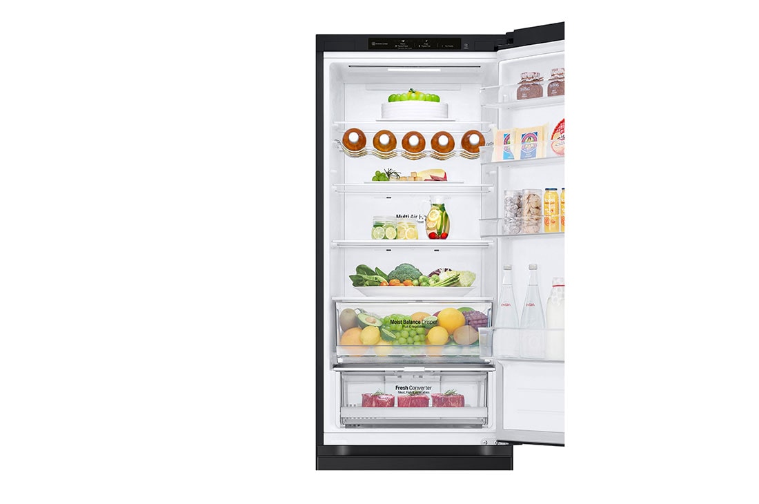 LG ledusskapis ar saldētavu apakšā | 2.03m | 387L | Melns | C klase | DoorCooling+™ | Fresh Converter™, Top Drawer open door with food , GBV5240CEP, thumbnail 5