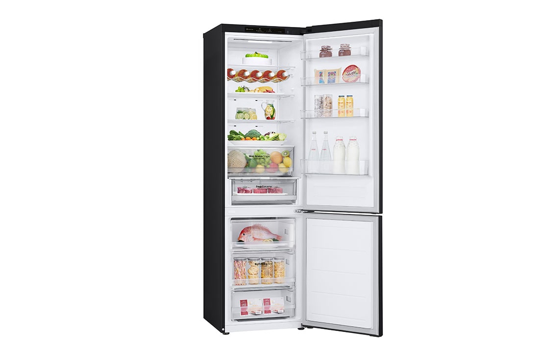 LG ledusskapis ar saldētavu apakšā | 2.03m | 387L | Melns | C klase | DoorCooling+™ | Fresh Converter™, Left perspective open door food view , GBV5240CEP, thumbnail 11