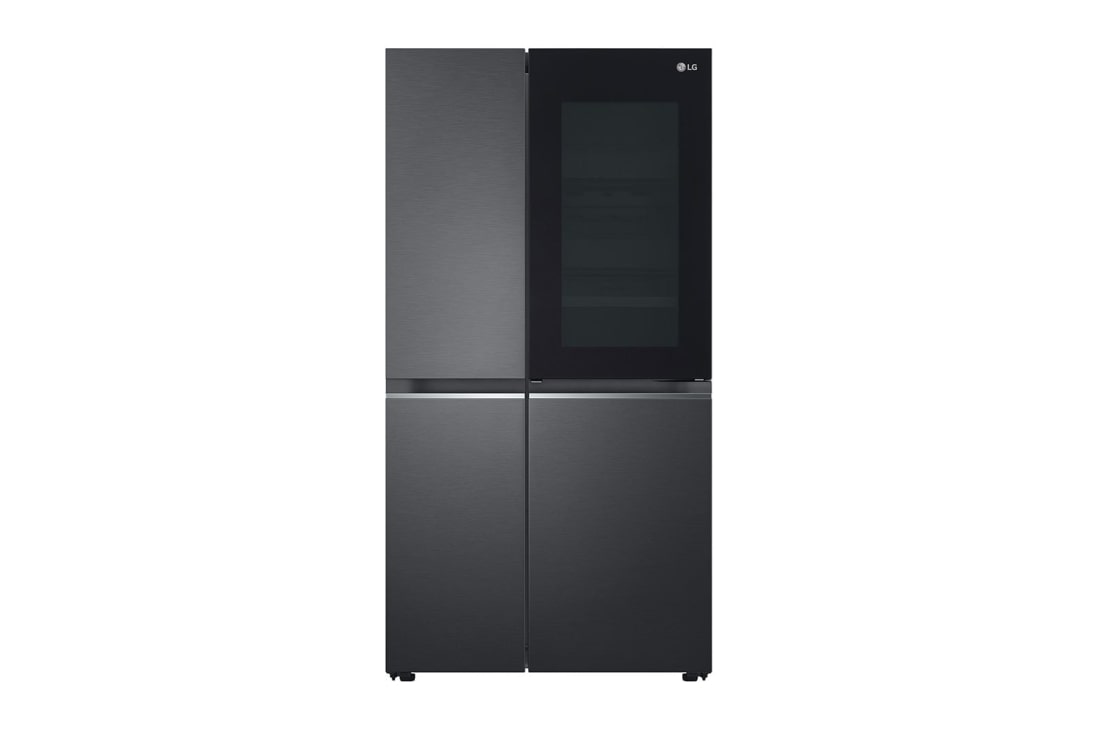LG Side by side ledusskapis |InstaView Door-in-Door | 635L | augstums 1.79m | platums 91.3cm | Melns |E klase| WiFi | DoorCooling | Total No Frost | GSQV90MCAE, skats no priekšpuses uz apgaismoto pārtiku, GSQV90MCAE