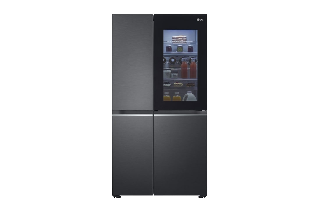 LG Side by side ledusskapis |InstaView Door-in-Door | 635L | augstums 1.79m | platums 91.3cm | Melns |E klase| WiFi | DoorCooling | Total No Frost | GSQV90MCAE, skats no priekšpuses atvērtā veidā uz pārtiku, GSQV90MCAE, thumbnail 2