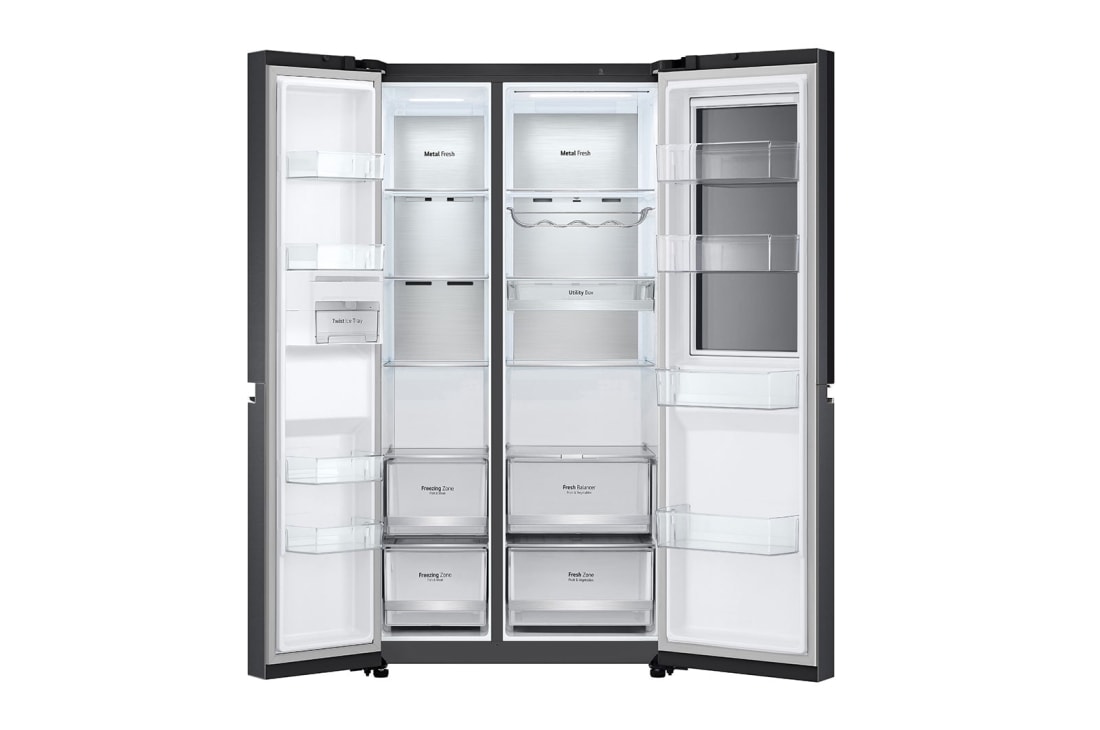 LG Side by side ledusskapis |InstaView Door-in-Door | 635L | augstums 1.79m | platums 91.3cm | Melns |E klase| WiFi | DoorCooling | Total No Frost | GSQV90MCAE, spoguļstikla panelis ar ieslēgtu apgaismojumu, GSQV90MCAE, thumbnail 4