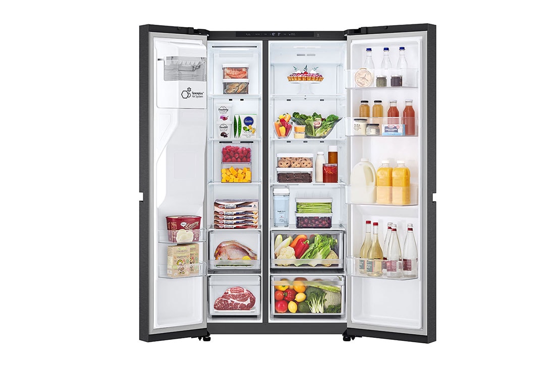 LG Side-by-Side ledusskapis | augstums 1.79m |  platums 91.4cm | 661L | Melns | E klase | Express Cool | Ledus un ūdens automāts   , open door with food, GSLC41EPPE, thumbnail 2