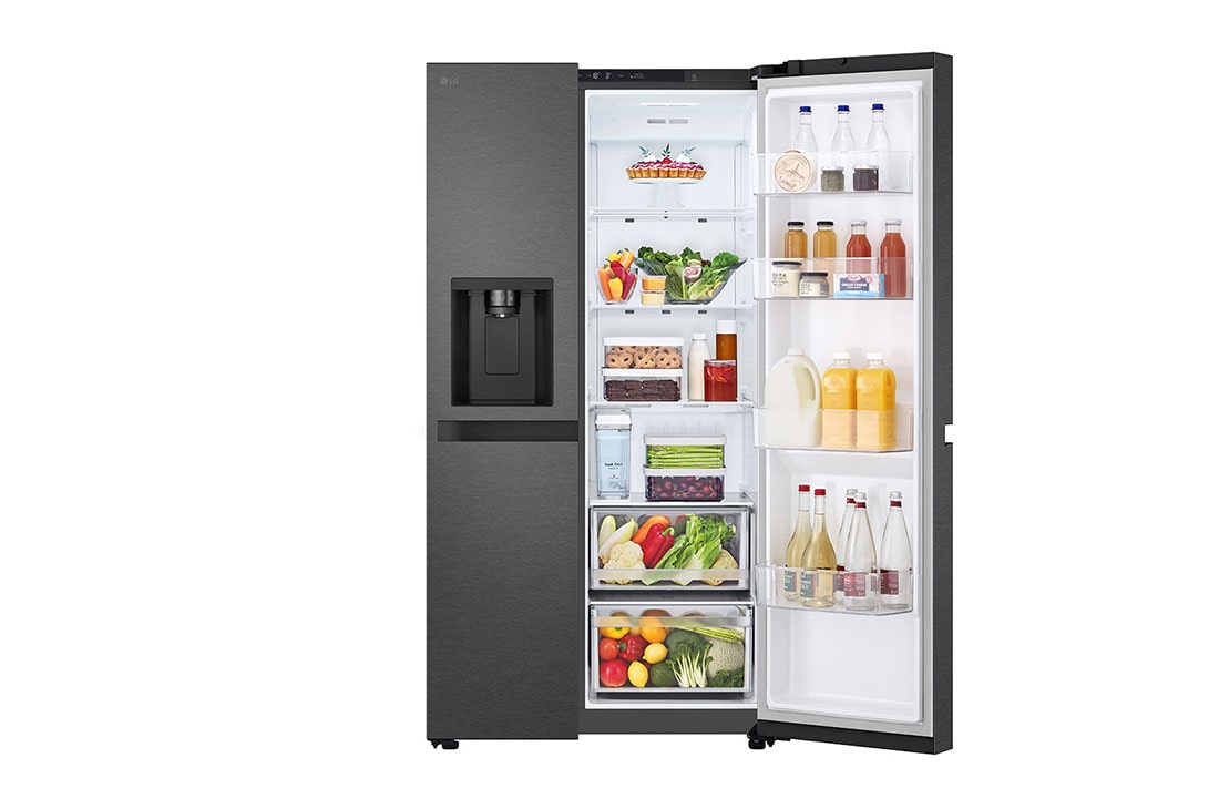 LG Side-by-Side ledusskapis | augstums 1.79m |  platums 91.4cm | 661L | Melns | E klase | Express Cool | Ledus un ūdens automāts   , right door open with food, GSLC41EPPE, thumbnail 4