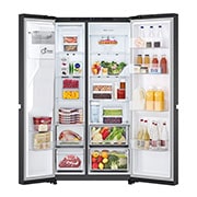 LG Side-by-Side ledusskapis | augstums 1.79m |  platums 91.4cm | 661L | Melns | E klase | Express Cool | Ledus un ūdens automāts   , open door with food, GSLC41EPPE, thumbnail 2