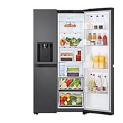 LG Side-by-Side ledusskapis | augstums 1.79m |  platums 91.4cm | 661L | Melns | E klase | Express Cool | Ledus un ūdens automāts   , right door open with food, GSLC41EPPE, thumbnail 4