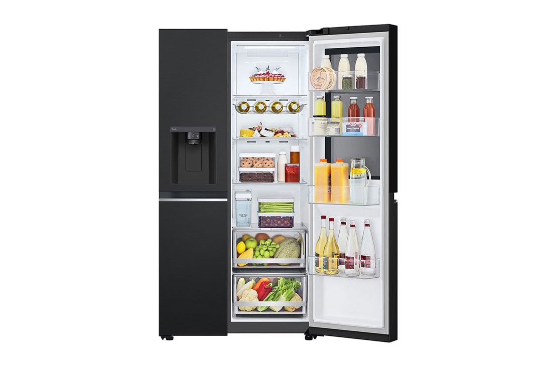 LG InstaView Side by side ledusskapis | 1.79m | 635L | Melns | E klase | Door Cooling | Fresh Balancer | GSGV81EPLL, front view door open with food , GSGV81EPLL, thumbnail 6