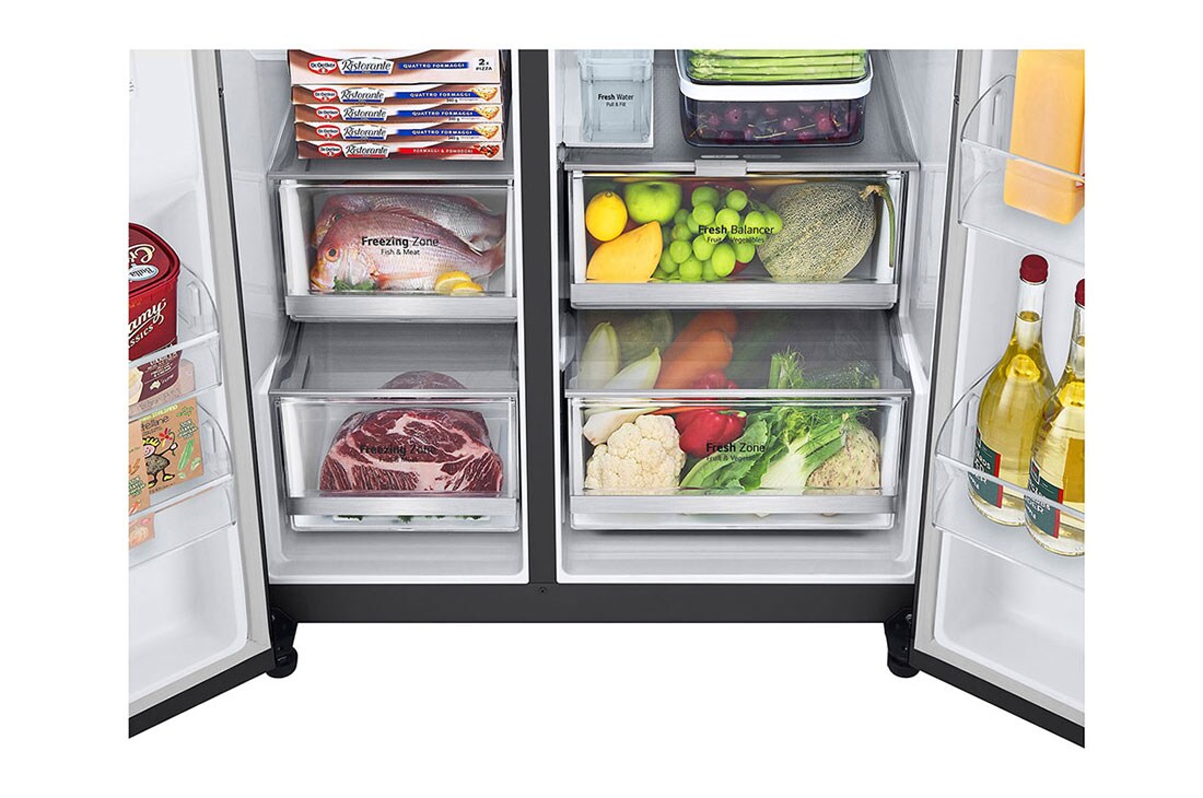 LG InstaView Side by side ledusskapis | 1.79m | 635L | Melns | E klase | Door Cooling | Fresh Balancer | GSGV81EPLL, bottom view with food, GSGV81EPLL, thumbnail 7