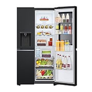 LG InstaView Side by side ledusskapis | 1.79m | 635L | Melns | E klase | Door Cooling | Fresh Balancer | GSGV81EPLL, front view door open with food , GSGV81EPLL, thumbnail 6