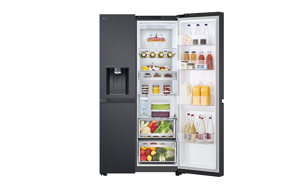 LG VS6E Refrigerator, front view one side door open with food, GSLV31DSXE, thumbnail 8