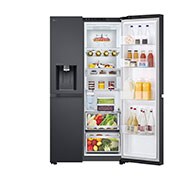 LG VS6E Refrigerator, front view one side door open with food, GSLV31DSXE, thumbnail 8