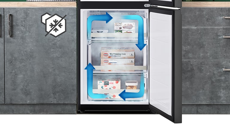 Bezsarmas saldētava ar vienmērīgu dzesēšanu un cirkulējošo auksto gaisu, lai ēdiens būtu svaigs visos stūros.