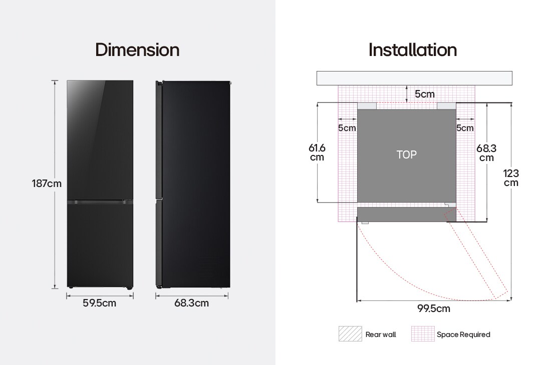 LG 344L apakšējā saldētava, melns stikls, LinearCooling™, DoorCooling+ ™, FRESHConverter™, attēls izmēriem un uzstādīšanai, GBB72BM9CQ1, thumbnail 7
