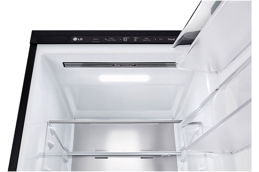LG 344L apakšējā saldētava, melns stikls, LinearCooling™, DoorCooling+ ™, FRESHConverter™, detalizēts ledusskapja nodalījuma augšdaļas skats, GBB72BM9CQ1, thumbnail 10