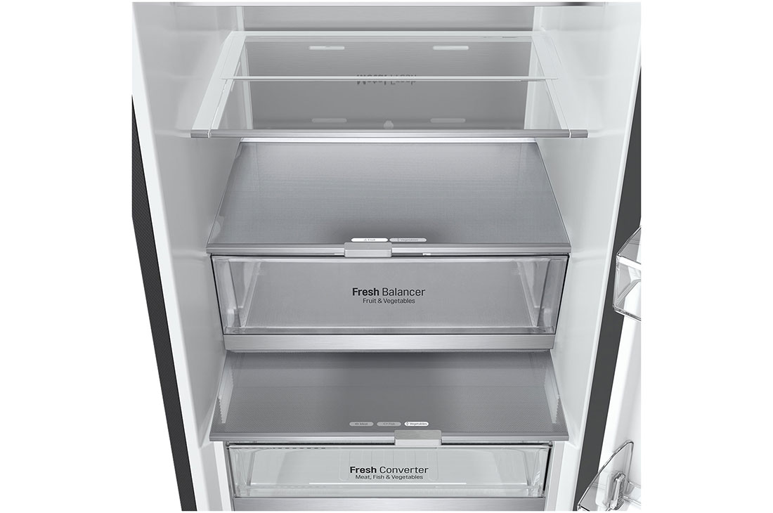 LG 344L apakšējā saldētava, melns stikls, LinearCooling™, DoorCooling+ ™, FRESHConverter™, detalizēts iekšējo atvilktņu skats, GBB72BM9CQ1, thumbnail 11