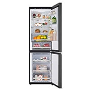 LG 344L apakšējā saldētava, melns stikls, LinearCooling™, DoorCooling+ ™, FRESHConverter™, skats no priekšas ar atvērtu saldētavu un uzglabāto pārtiku, GBB72BM9CQ1, thumbnail 2