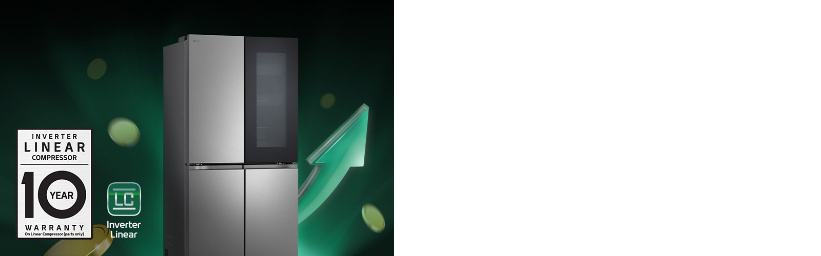 Ledusskapis priekšā augošām bultām un krāvušām monētām